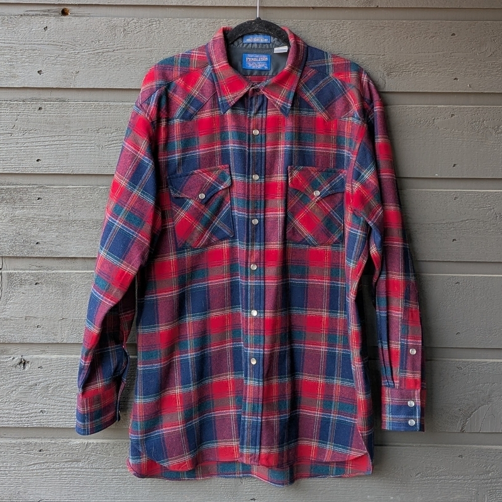 VTG 80s Pendleton 100% Virgin Wool Western Pearl Snap Plaid Long Sleeve Shirt XL